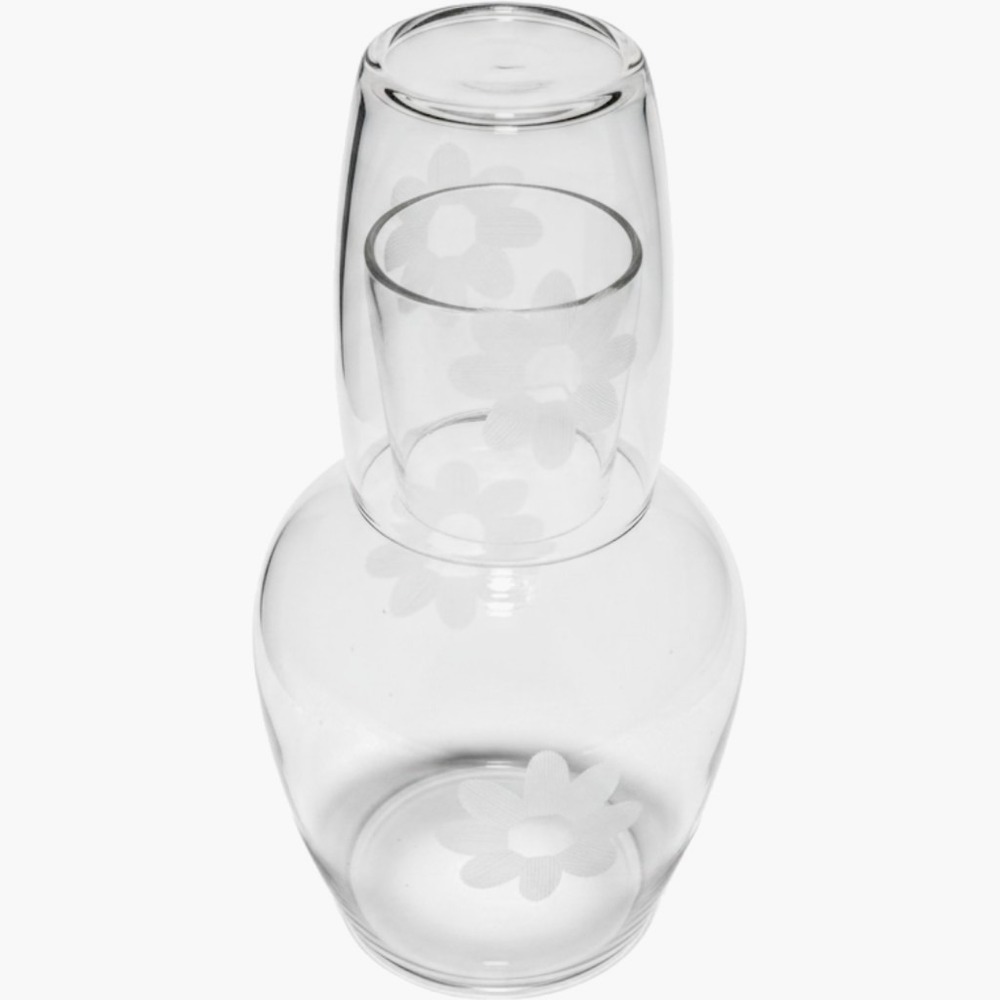 Vintage Frosted Daisy Etched Glass Bedside Water Carafe and‎ Tumbler Set Clear